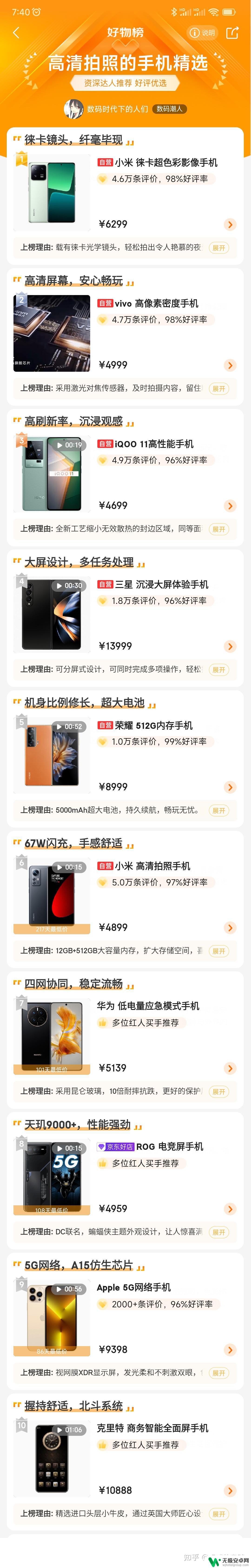 高清拍照手机哪个品牌好 手机拍照清晰度排名top10