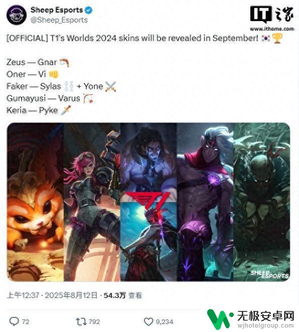 《英雄联盟》T1冠军皮肤9月推出：Faker首次获拳头定制双款设计